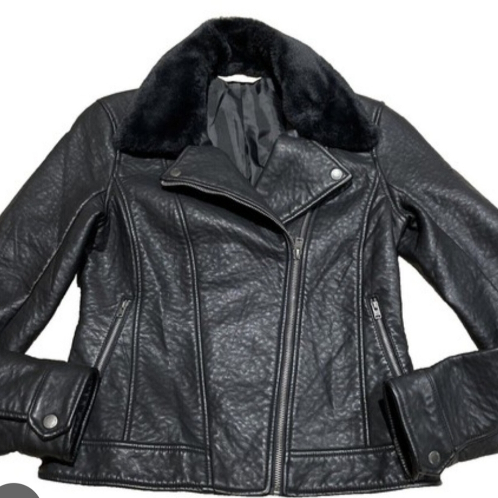 Hollister Black Leather Moto Biker Jacket With Faux Fur Jacket- Women's- Small